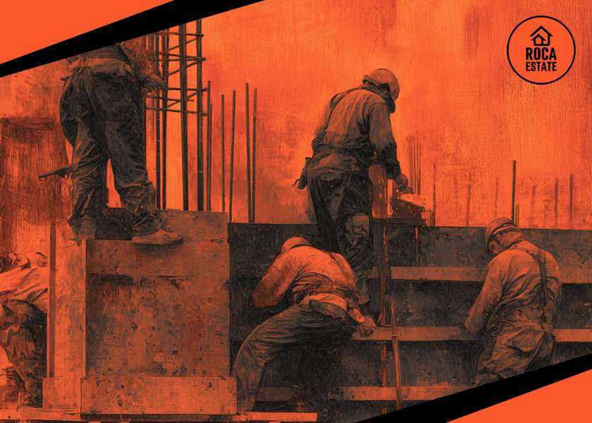 Active workers on a high-rise building project representing the Portugal construction market. This scene illustrates production growth through manual labor, rebar installation, and site safety.