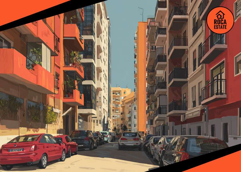 Portugal Housing Loan Interest Rates reflected in a Portuguese city street with residential rental buildings, balconies and urban housing, illustrating real estate market conditions for investors.