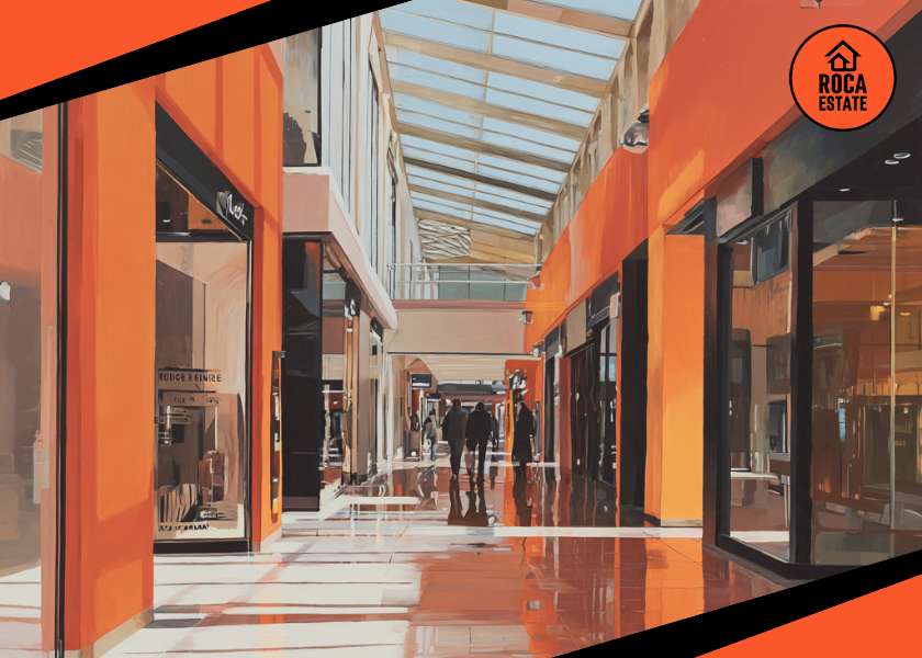 Modern shopping mall corridor in Portugal with storefronts, natural light and visitors, illustrating retail performance and the Portugal commercial property price index.