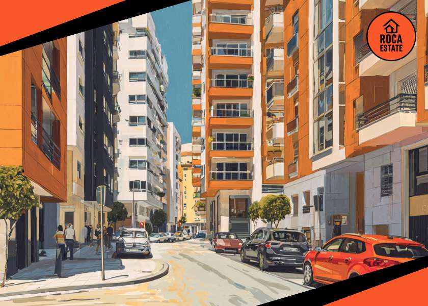 Portuguese Housing Market Valuation reflected in an urban street with mid-rise residential buildings, balconies, parked cars, and pedestrians in Portugal.