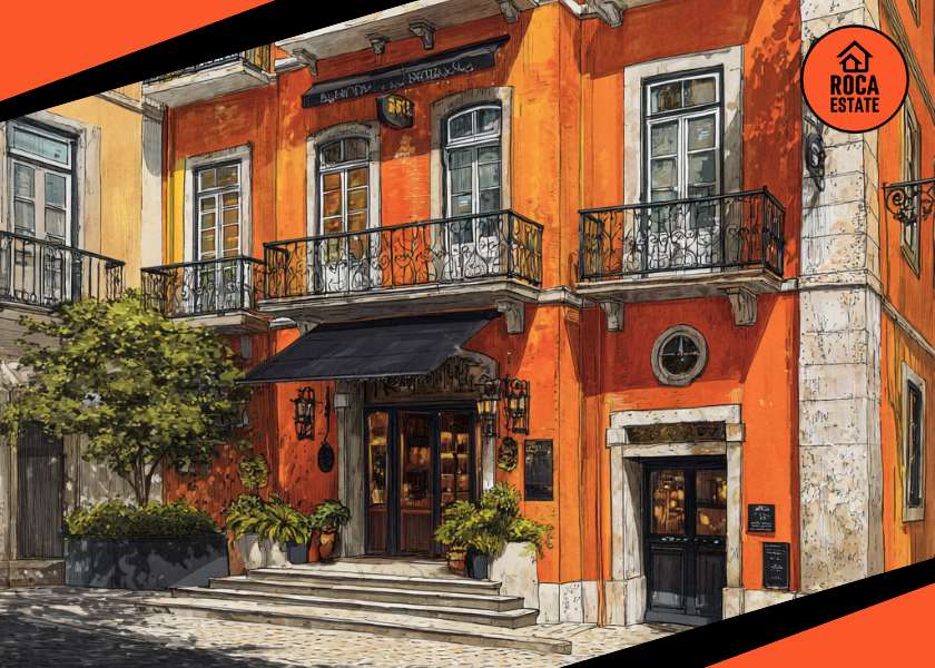 Boutique hotel exterior in Portugal illustrating Tourism-Driven Real Estate Investment in Portugal through selective hospitality assets, traditional façades, balconies, and warm street-level architecture.