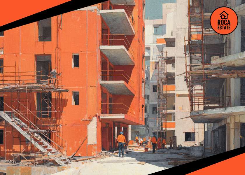 Portugal Construction Costs for New Housing reflected in a partially built apartment block in Portugal with scaffolding, concrete structure, and workers on site.