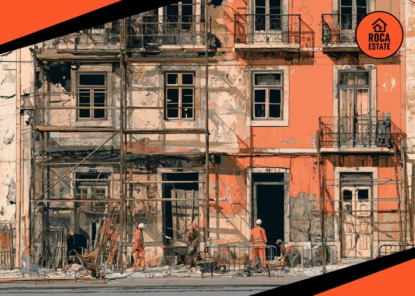 Portugal building permits and completions illustrated by an older Portuguese building façade under renovation with scaffolding, workers, and construction materials.