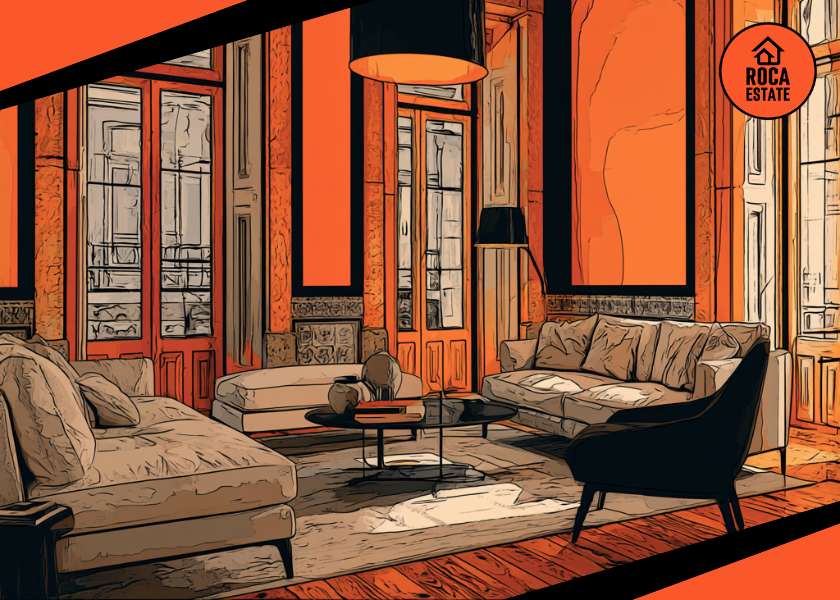 Portugal house price index Q1 2026 shown through a renovated older Portuguese property interior with wooden shutters, ceiling moldings, stone details, and modern furnishings.