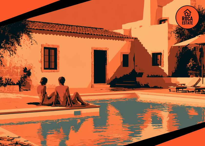 Portugal tourism real estate investment concept with a couple relaxing beside a boutique hotel pool, showing hospitality accommodation, lifestyle demand, and income-generating property potential in Portugal.