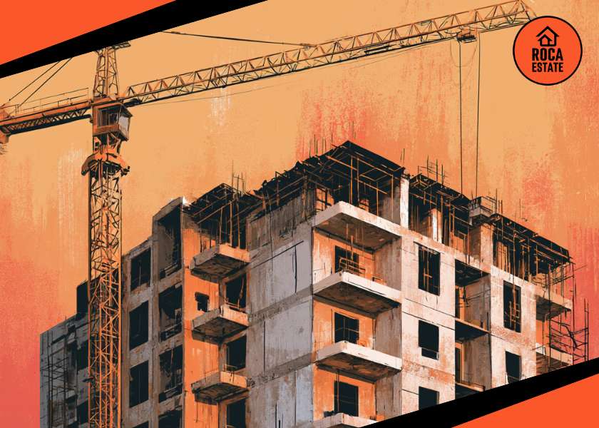 Partially completed apartment building with crane in Portugal, illustrating Portugal construction costs for new housing and rising development expenses.