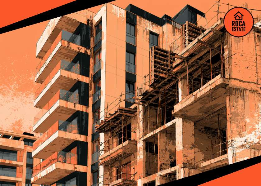 Partially completed premium residential development reflecting Portugal construction output, with modern finished façades, glass balconies, exposed concrete structures, and scaffolding.