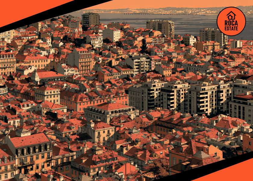 Panoramic Lisbon skyline with dense residential buildings and red-tiled rooftops stretching toward the Tagus River, illustrating urban density, supply constraints, and demand dynamics in the Portugal housing market 2025.