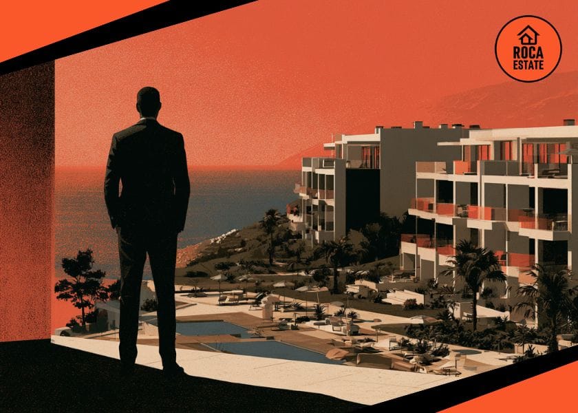 Professional investor reviewing a coastal resort from a hotel terrace, representing strategic Portugal tourism real estate investment and hospitality asset analysis.