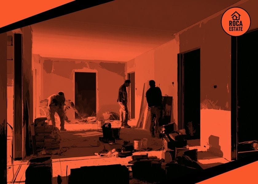 Portugal new housing construction costs reflected in interior finishing works, with tradespeople working inside a partially completed residential development surrounded by building materials, tools, unfinished walls, and newly installed surfaces.