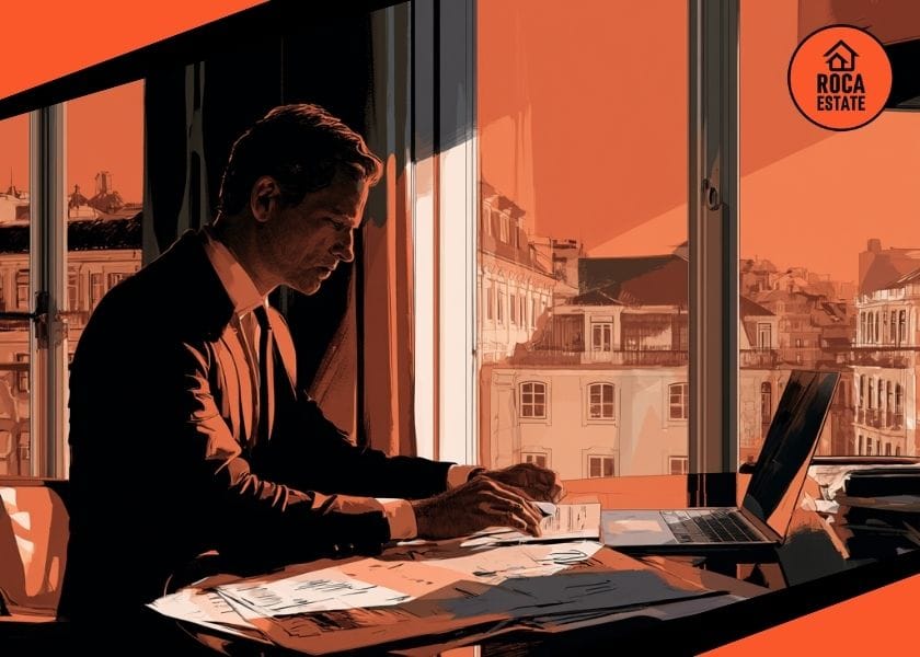 Portugal housing loan interest rates analyzed by an investor reviewing financing documents and a laptop inside a luxury Lisbon apartment.