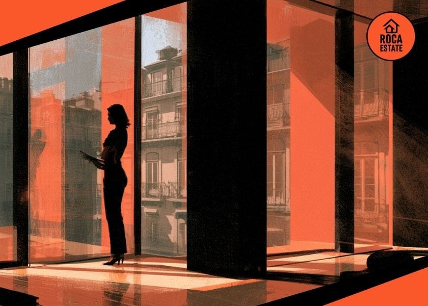 Portugal bank appraisals on housing represented by a professional property valuer inspecting a luxury contemporary apartment in Lisbon with city architecture visible through large windows.