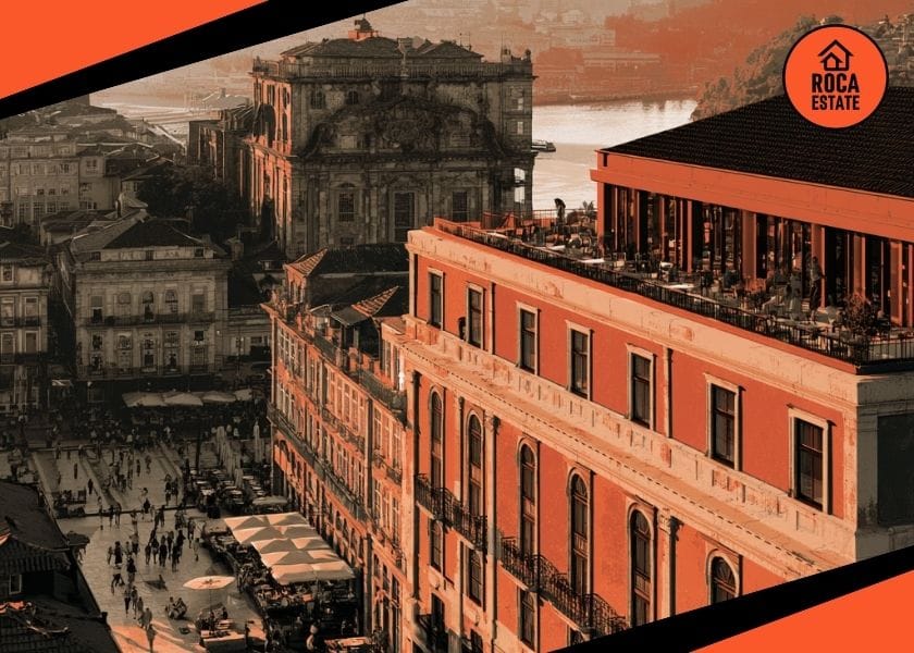 Portugal tourism real estate investment represented by a premium Porto hotel overlooking historic architecture and the Douro waterfront, with active urban tourism visible below.