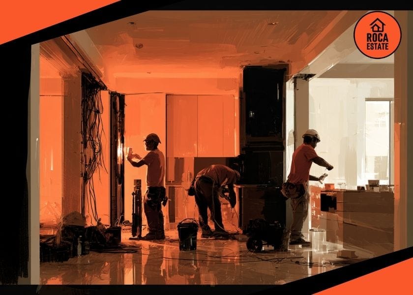 Skilled construction workers completing finishes inside a luxury apartment, illustrating Portugal new housing construction costs through labour-intensive interior works, premium materials, and active residential development conditions in Portugal.