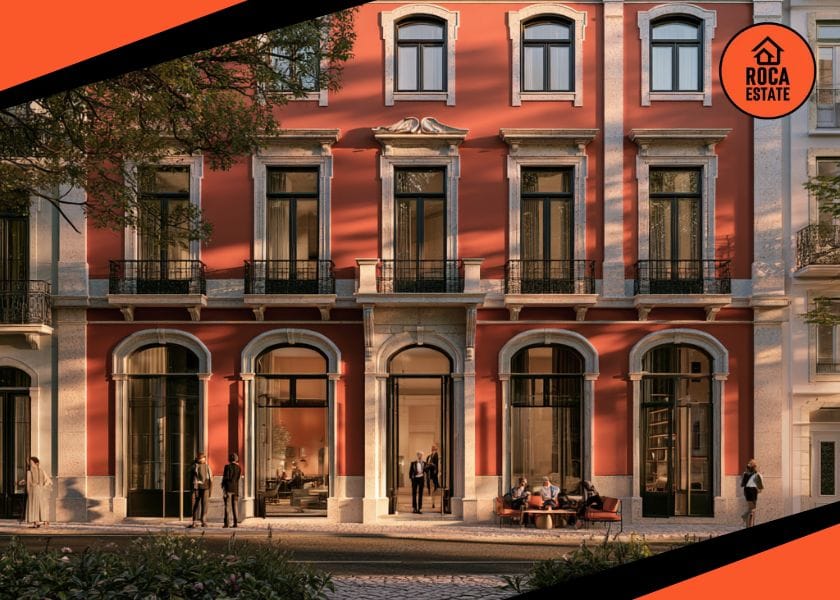 Portugal tourism real estate investment represented by an elegant renovated boutique hotel in Lisbon, with sophisticated guests arriving at the entrance of a traditional Portuguese townhouse.
