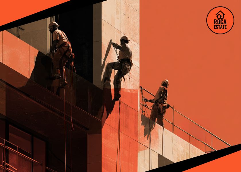 Skilled workers installing natural stone cladding and premium façade materials at a luxury residential development, reflecting rising Portugal Construction Costs for New Housing.