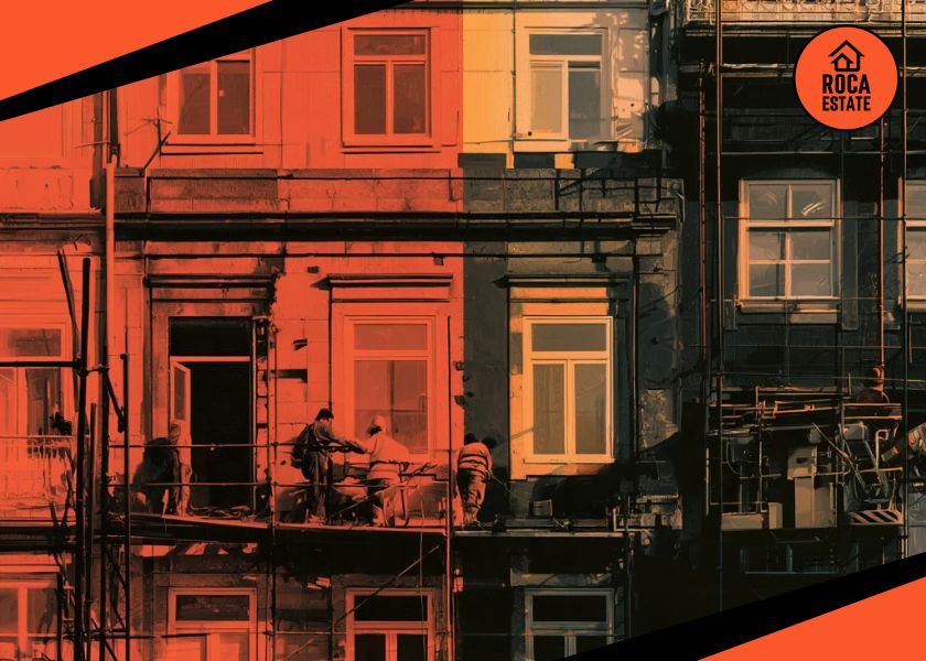 Portugal Construction Output reflected in the renovation of a premium boutique hotel, with skilled workers restoring historic façades and installing modern windows.