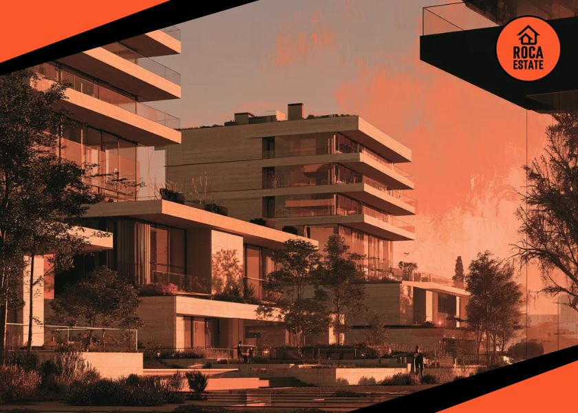 Modern luxury residential development in Lisbon with expansive balconies, natural stone façades, and landscaped gardens, reflecting the impact of rising Portugal Housing Loan Interest Rates on property investment.