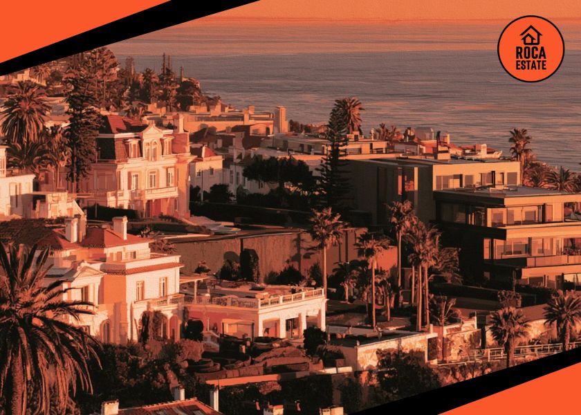 Portugal House Prices Q2 2026 illustrated by an elevated coastal view of luxury villas and modern residential buildings in Cascais, surrounded by landscaped gardens and overlooking the Atlantic Ocean, reflecting prime market exclusivity and high-value residential real estate in Portugal.